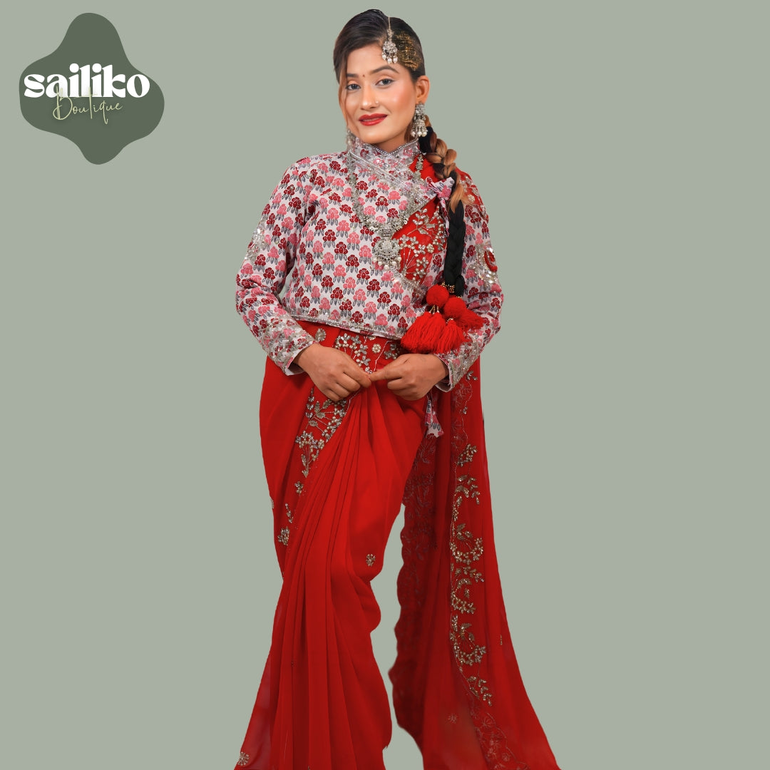 Nepali Traditional Dhaka Saree Hand Embroidered